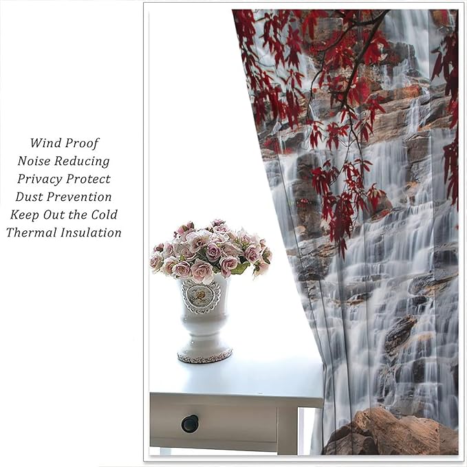 Waterfall Blackout Windows Curtains, Waterfall Red Forest Pattern Nature View Curtains, for Living Room Bedroom 52x84in 2 Panels