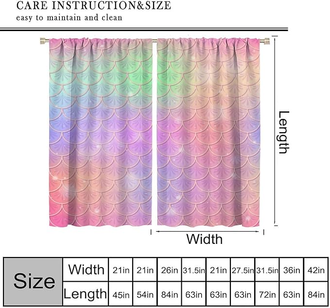 Mermaid Curtains, Kids Cartoon Watercolor Sea Animals Mermaid Princess Scales Pattern Print Living Room Decoration for Kids Girls Bedroom Nursery 42x44 Inch