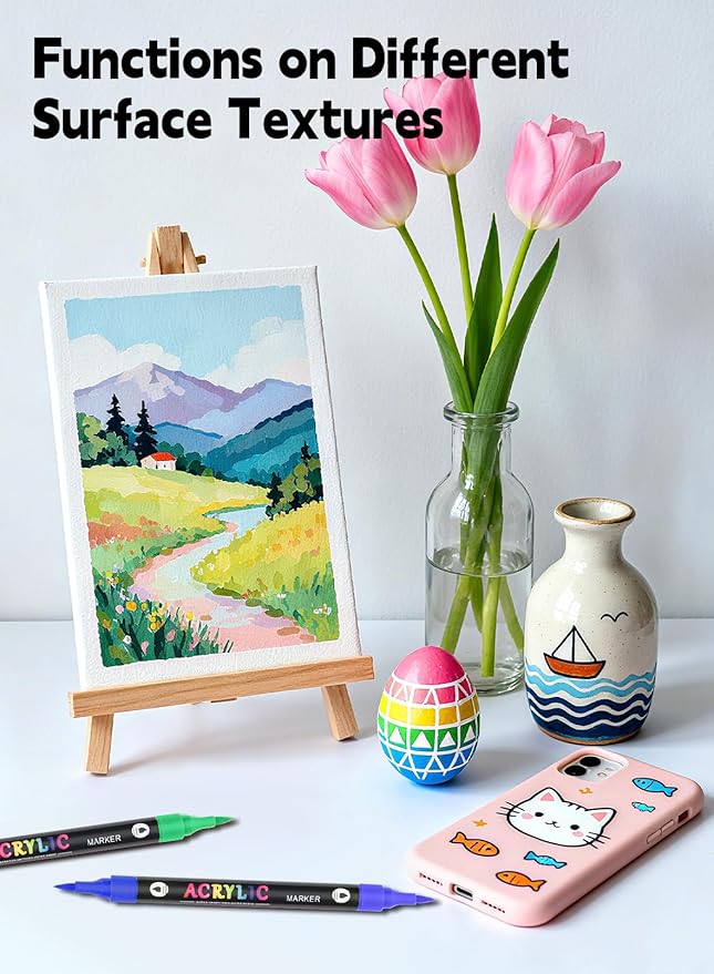 48 Colors Acrylic Paint Markers with 24 Dual-Color Brush Tips, Double Tips Acrylic Paint Pens for Rocks, Eggs, Wood, Rock, Canvas, Plastic, Glass, Ceramic