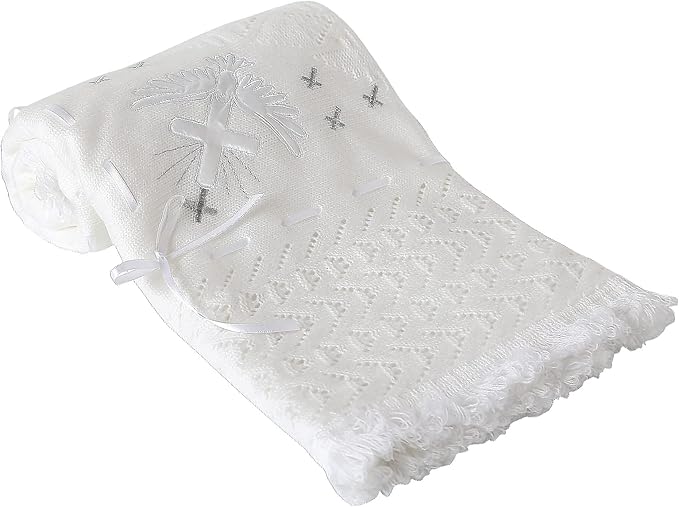 Booulfi Baby Christening Blanket Newborn White Baby Blanket Shawl Neutral Knitted Baptism Blankets for Babies Fleece Lined Winter Warm Blankets,Size 37x39 “
