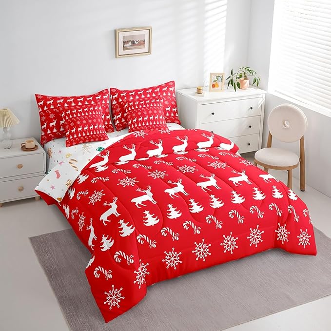 Erosebridal Christmas Queen Bedding Set 7 Piece,Xmas Elk Deer Bed in A Bag,Winter Snowflake Comforter Set Candy Pine Tree Sheet Set with Comforter,Red Christmas Decoration