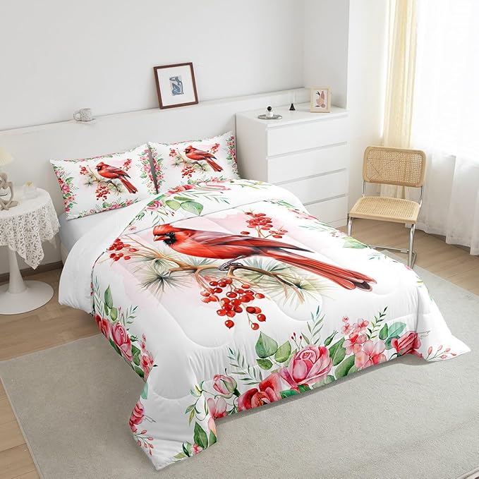 Castle Fairy Red Bird Comforter Set King Size,Watercolor Cardinal Berry Christmas Bedding Set All Season Quilt Set,Pink Floral Green Plant Painting Microfiber Polyester Down Comforter