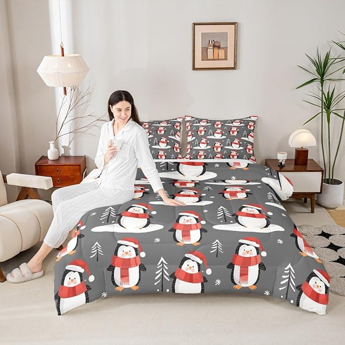 Feelyou Christmas Comforter Set All Season Penguin Bedding Set with 2 Pillow Cases Snowflake Microfiber Kids Full Bedclothes Pine Tree Bedroom Decor Duvet Quilt Breathable Soft Lightweight