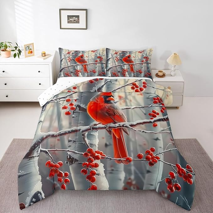jejeloiu Kids Red Cardinal Comforter Set King Size Christmas Theme Bedding Set for Boys Girls Teens Xmas Birds Winter Rustic Country Farm Animal Duvet Quilt Room Decor