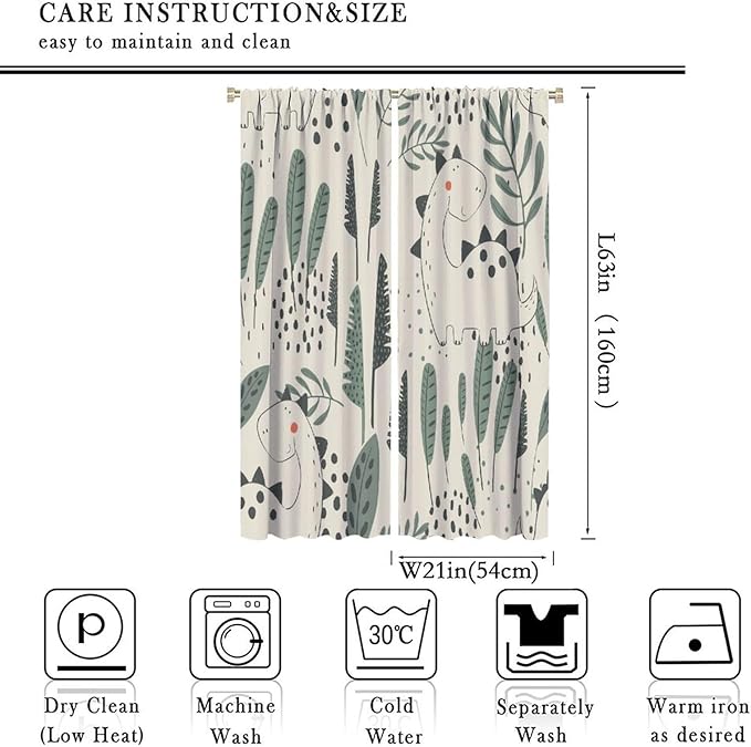 Funny Dinosaur Curtains, Jungle Cute Cartoon Animals Tropical Leaves Plant Beige Green Print Blackout Window Treatments for Kids Boys Girls Bedroom Living Room 42x63in