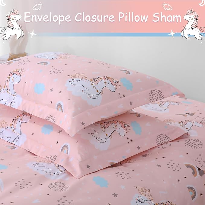 JSD Pink Unicorn Kids Duvet Cover Set Twin Size, 2 Piece Girls Print Microfiber Comforter Cover with Pillow Sham Zipper Closure, Comforter Not Included