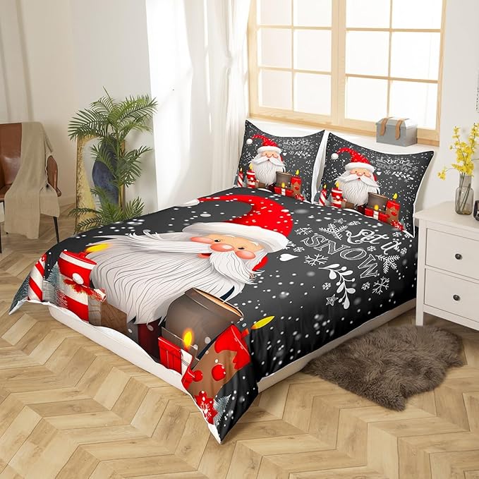 Christmas Duvet Cover Set Twin Size Santa Claus with Candles and Gift Boxes Print Bedding Set 2pcs for Kids Boys New Year Theme Comforter Cover Winter Snow Quilt Cover with 1 Pillowcase,No Comforter