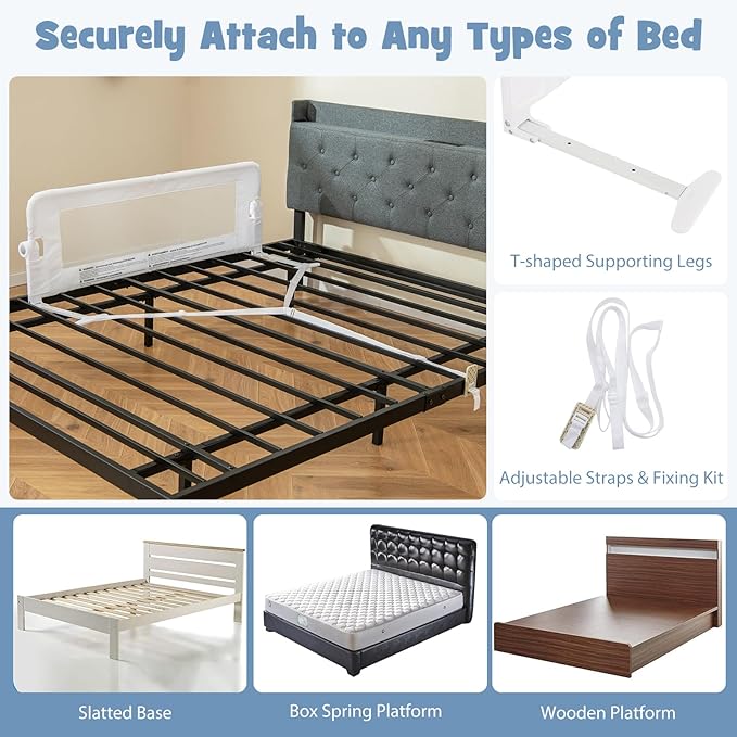 BABY JOY Bed Rails for Toddlers, Swing Down Safety Bed Guard for Convertible Crib, Folding Baby Bedrail for Kids Twin, Double, Full Size Queen & King Mattress (48-Inch, White)