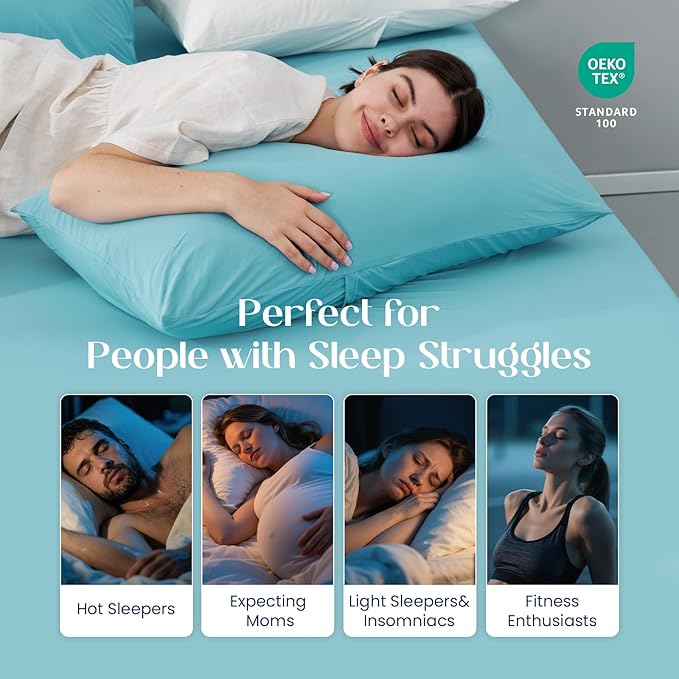 Dream Valley® Queen Sheet Set, Cooling Fitted Sheet with 2 Pillowcase-3 PCS with No Flat Sheet,Q-Max > 0.4 Aerocool, Cooling for Night Sweats, Hot Sleepers,deep Pocket up to 15",Dream Blue
