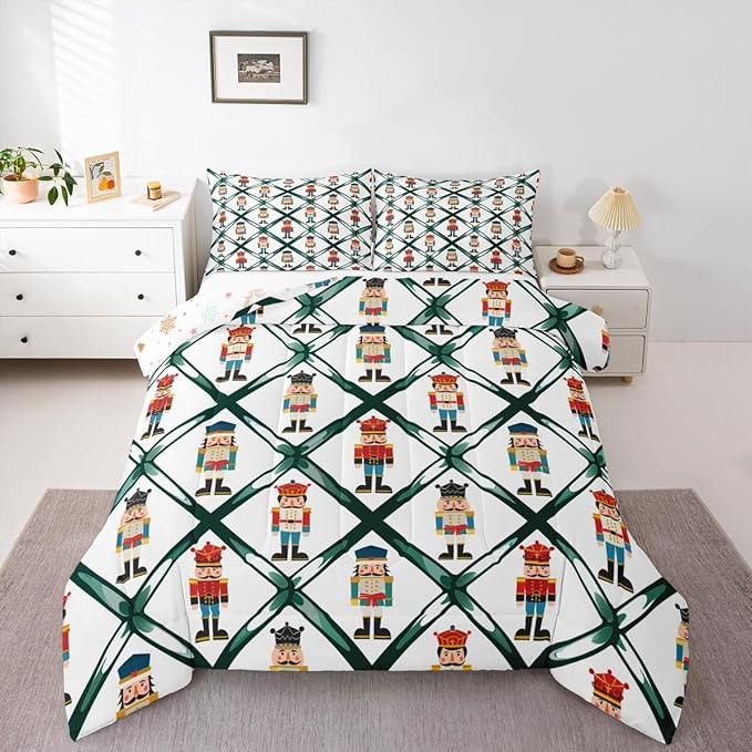 Feelyou Cute Nutcracker Bedding Set Soft for Boys Girls,Green Lattice Pattern Comforter Set Queen Size Colorful Duvet Quilt Microfiber Funny Soldier Bedroom Decor Kawaii 3 Pcs with 2 Pillow Cases