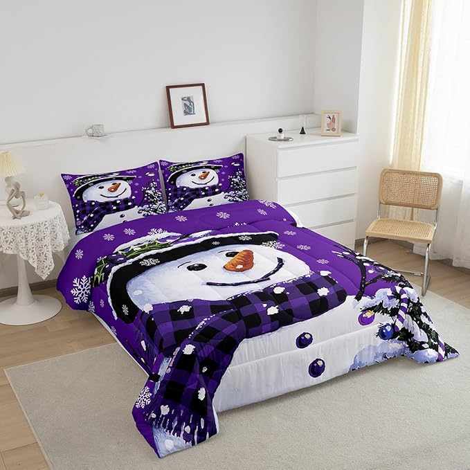 Feelyou Kids Christmas Theme Decorations Bedding Set Xmas Snowman Comforter Set for Boys Girls Snowflake Kawaii Cute Purple Bedroom Collection Twin Size