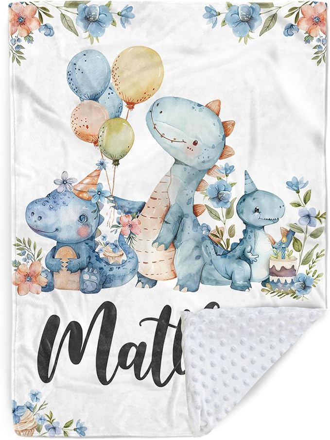 Personalized Baby Name Blanket for Boy Girl, Soft Flannel Blanket with Double Layer Dotted Backing for Infant Newborn, Nursery Crib with Dinosaur Design, Customized Gifts for New Mom(47" x60)