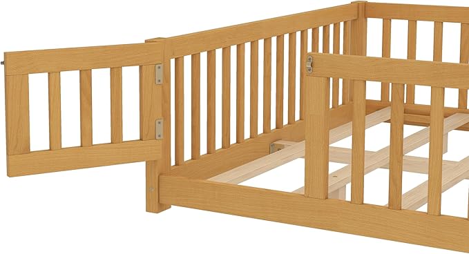 Bellemave Queen Size Floor Bed for Kids, Girls, Boys, Wood Floor Bed with slats and Door, Natural