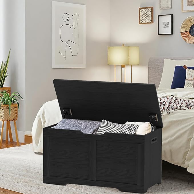 31.5" Storage Chest, Wooden Storage Bench, Lift Top Toy Chest with 2 Safety Hinges, Large Toy Box, Entryway Shoes Bench for Living Room, Bedroom, Black