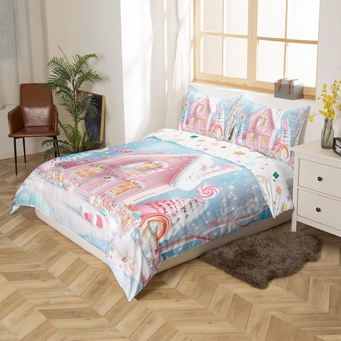 Manfei Christmas Kids Duvet Cover Set King Size, Cute Xmas Cabin Trees Bedding Set for Boys Girls Room Decor, New Year Theme Comforter Cover, Lightweight Bedspread Cover, 2 Pillowcases, No Comforter