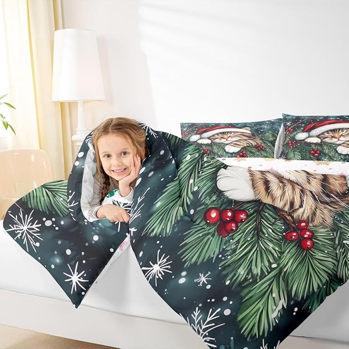 Cute Cat Comforter Set King Size,Winter Holly Berries Snowflake Kids Bedding Set,Animal Merry Christmas Poinsettia Quilt Comforter,Dark Green Duvet Insert,2 Pillowcases