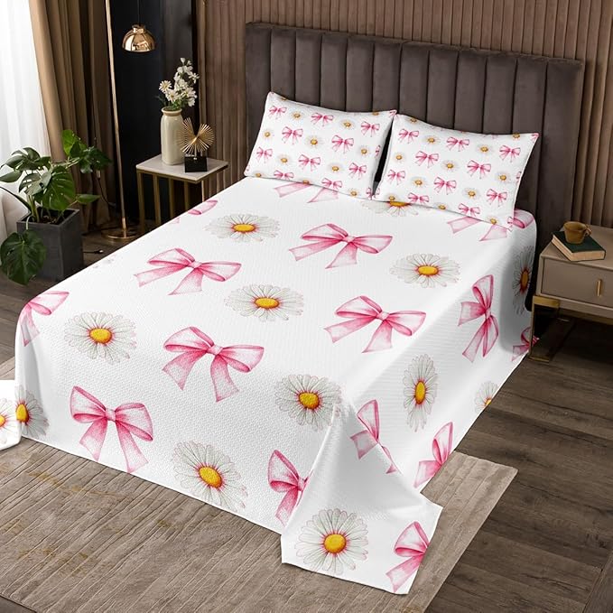 Pink Bowknot Kids Bedspread Queen Size,Daisy Flowers Bow Tie Knot Princess Coverlet Set,Girls Women Room Decor,Plant Floral Bows Romantic Quilted Coverlet,Boho Chic Bedding Quilt,2 Pillowcases