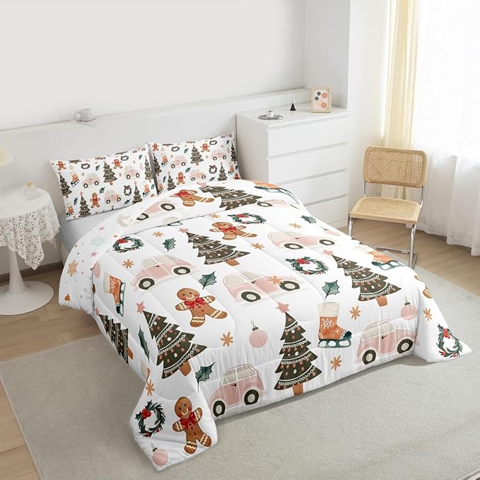 Feelyou Xmas Tree Car Comforter Set All Season Gingerbread Man Bedding Set with 1 Pillow Cases Garland Microfiber Kids Toddler Bedclothes Bedroom Decor Duvet Quilt Breathable Soft