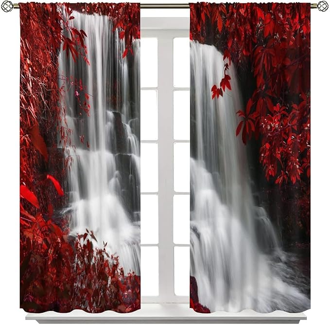 Red Forest Waterfall Blackout Windows Curtains, Waterfall Red Forest Black and Red Natural Landscape Print Window, for Living Room Bedroom 84x84in 2 Panels
