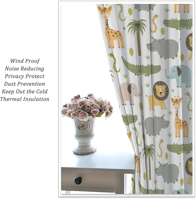 Nursery Safari Animals Window Curtains,Cartoon Woodland Jungle Forest Lion Elephant Giraffe Printed Pattern Blackout Drapes for Living Room Baby Boy Kids Bedroom 55x63in