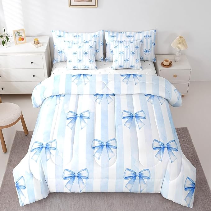 7 Pieces Blue Bowknot Kids Comforter Twin Size,Geometric Stripes Bow Tie Patchwork Dreamy Girls Bedding Set,Butterfly Knot Princess Cute（Comforter+Fitted+Flat+2 Pillowcases+2 Throw Pillow Covers）