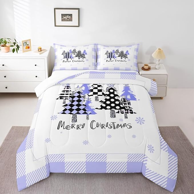Manfei Xmas Trees Comforter Set King Size, Blue Plaid Grid Snowflake Bedding Set 3pcs for Kids Girls Boys Adults Room Decor, Christmas Theme Down Comforter New Year Quilt Set with 2 Pillowcases