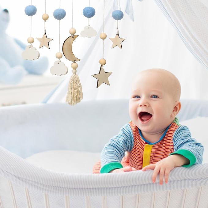 Boho Baby Nursery Decor - Handmade Wooden Moon and Star Wall Hanging Decor Boho Baby Mobile for Crib for Baby Nursery Bedroom - Felt Moon Stars Bed Hanger for Infant Newborn Boys Girls