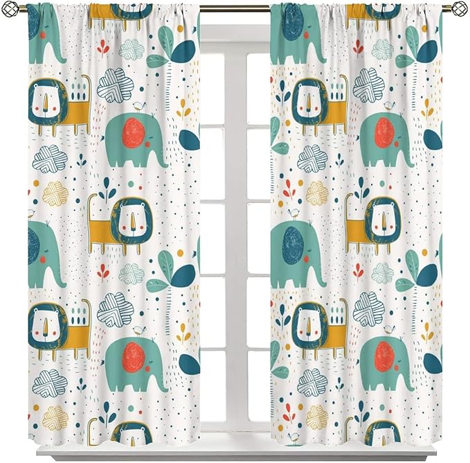 Cute Lions Blackout Curtains for Kids Bedroom,Cartoon Tropical Plants Birds Elephants Print Pattern Window Drapes,Funny Animal Thermal Insulation Curtain for Nursery Baby Room 52x84in