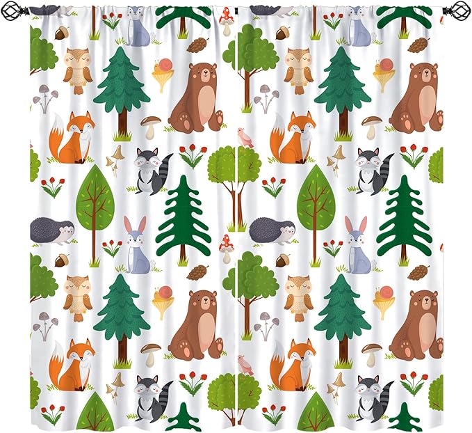 Jungle Animal Curtains, Woodland Animals Forest Pattern Blackout Window Treatments, Rod Pocket Thermal Insulated Drapes 2 Panel Sets for Kids Room Nursery Classroom, 42" W X 45" L