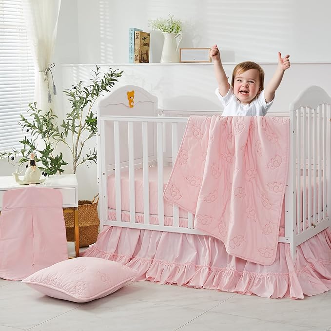 Brandream Crib Bed Skirt for Baby Girls Boys Blush Pink Boho Bohemian Solid Cotton Toddler Bedskirt Farmhouse Chic Ruffle