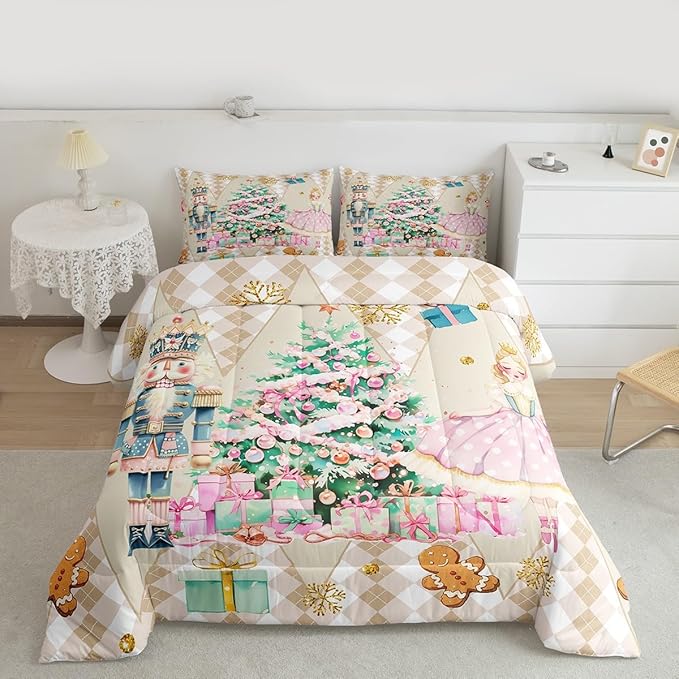 jejeloiu Christmas Nutcracker Comforter Set Toddler Size Gingerbread Man Bedding Set for Kids Boys Girls Xmas Tree Duvet Quilt Beige Bedroom Decor