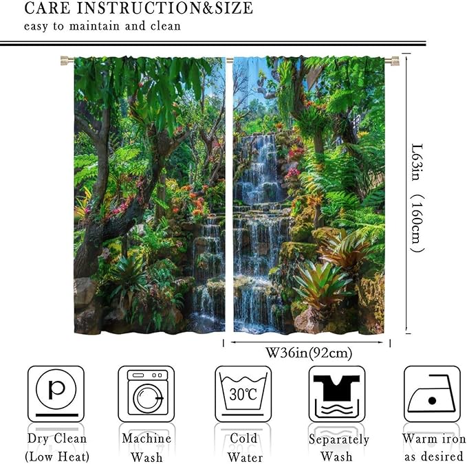 Waterfall Blackout Window Curtains, Spring Forest Nature Landscape Theme Pattern Print Window Drapes, for Living Room Bedroom 72x63in 2 Panels