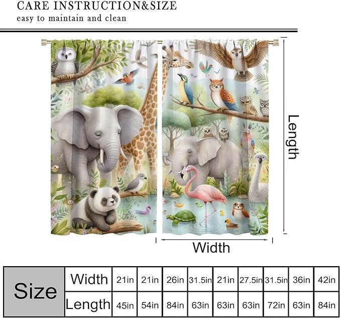 Kids Animals Curtain Cartoon Western Wildlife Flamingo Elephant Giraffe Window Treatment for Baby Children Bedroom Living Room 84" W X 84" L
