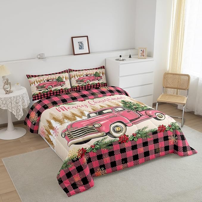 Erosebridal Christmas Queen Comforter Set Merry Xmas Tree Bedding Sets Red Truck Painting Down Comforter,Lattice Decor Bed Set for Kids Boys Girls Teens Bedroom Decor,Reversible