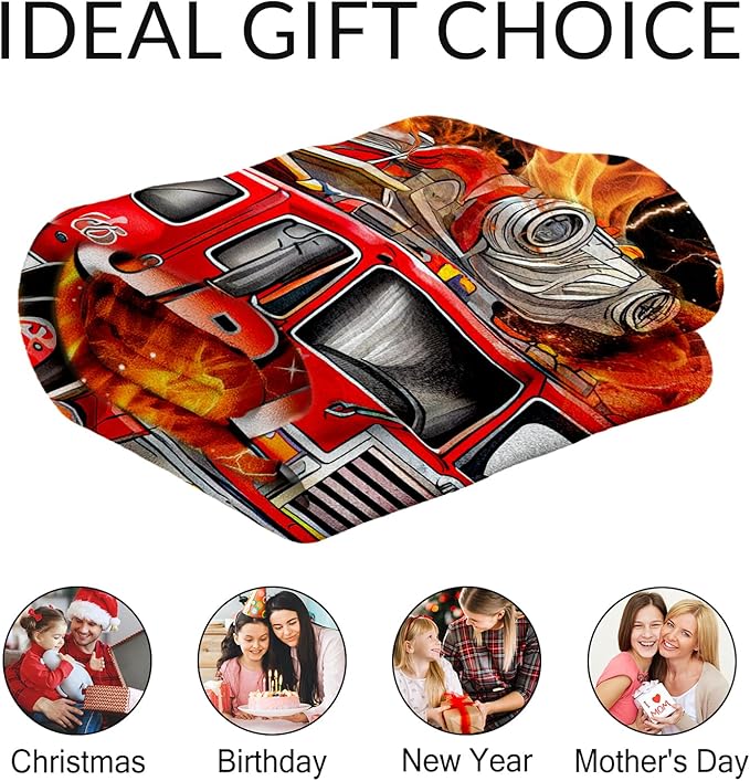 Kids Blanket Gifts Personalized Fire Truck Blankets for Boys, Toddler - Soft Lightweight Flannel Firefighter Throws for Couch, Office & Bedroom