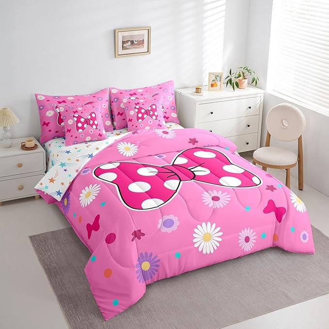 7 Pieces Pink Bowknot Kids Comforter Set Twin,Daisy Flowers Geometric Dot Patchwork Bedding Set,Bow Tie Cute Princess Dreamy Chic（Comforter+Fitted+Flat Sheet+2 Pillowcases+2 Throw Pillow Covers）