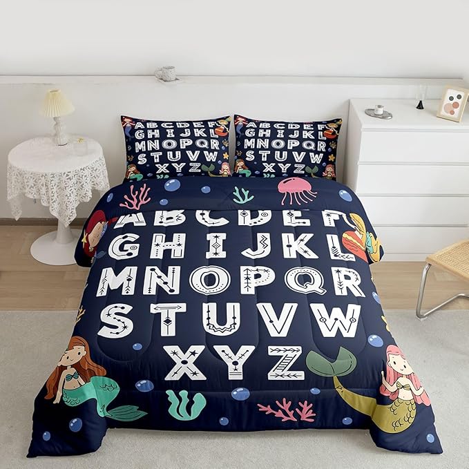 Feelyou Alphabet Kids ABC Learning Bedding Set for Boys Girls, Cute Mermaid Comforter Set Toddler Size Educational Nursery Art Duvet Quilt Microfiber Sealife Bedroom Decor 2 Pcs with 1 Pillow Cases