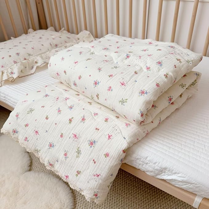 BuLuTu 100% Cotton Muslin Toddler Quilted Blanket for Girls Boys, Crib Toddler Bed Blankets with Cute Sheep Pink Flowers Print, Soft Lightweight Comforter for Young Children, 47x59 Inches