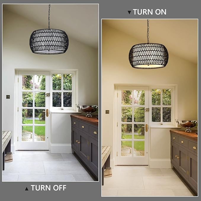 Farmhouse Chandeliers for Dining Room,5-Lights Rattan Boho Chandelier Light Fixture,Black Woven Dining Room Light Fixture with Fabric Shade,Modern Hanging Pendant Lighting for Kitchen Island Bedroom