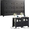 Farmhouse Living Room Sets, Night Stands Set of 2 and 6 Drawers Dresser for Bedroom, 58 Inch Wide Wood Dresser and 18.1" Night Stands with Charging Station for Bedroom, Living Room, Hallway