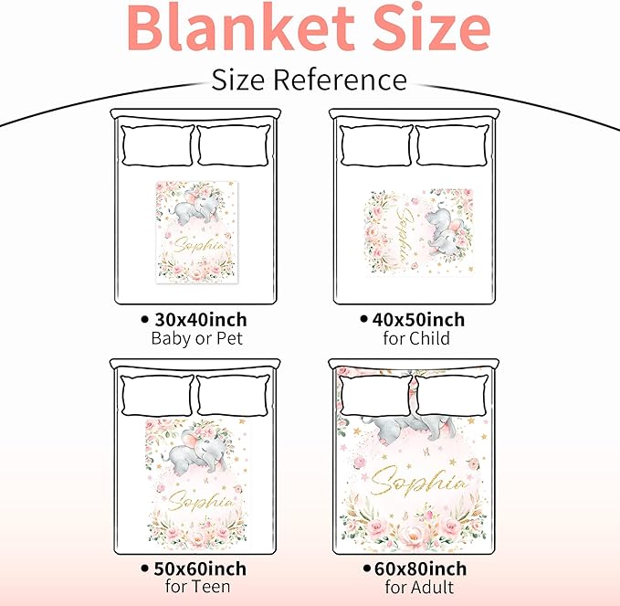 Custom Elephant Blanket with Name for Girl, Personalized Name Blanket for Kids, Soft Flannel Pink Elephant Toddler Blanket Customized Gift for Birthday Christmas Children Day 40x50inch