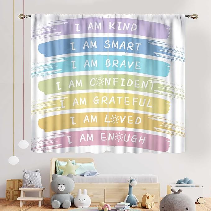 Rainbow Curtains for Classroom, Kids Girls Baby Boho Cute Inspirational Motivational Quotes Cartoon Colorful Pastel Nursery Classroom Bedroom Living Room Bathroom Window Drapes 2 Panels, 55"x63" Inch