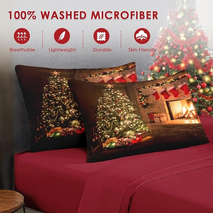 7 Pcs Queen Size Christmas Comforter Set with 2 Pillowcases & 2 Shams, Vintage Fireplace Tree Bedding for Kids and Adults, Winter Holiday Red Socks Bed in a Bag with Flat Fitted Sheet