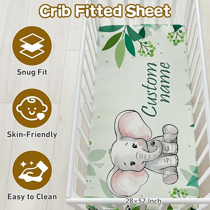 Custom Name Crib Bedding Set, 3 Pcs Personalized Baby Crib Bedding Set, Soft Green Elephant Nursery Crib Sets for Boys Girls, Double Layer Toddler Bedding Set Customized Gifts for Newborn Kids