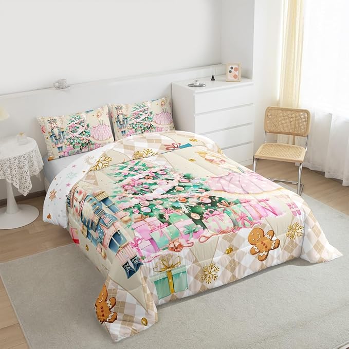 jejeloiu Christmas Nutcracker Comforter Set King Size Gingerbread Man Bedding Set for Kids Boys Girls Xmas Tree Duvet Quilt Beige Bedroom Decor