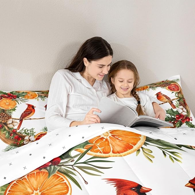 jejeloiu Kids Red Cardinal Comforter Set King Size Christmas Theme Bedding Set for Boys Girls Teens Xmas Birds Animal Lemon Winter Wood Duvet Quilt Room Decor