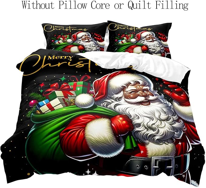 LUVIVIHOME 3PCS Black Santa Claus Duvet Cover Full Bedding Set, Christmas Bedding, Holiday Xmas Gifts Black Comforter Quilt Cover, African American Christmas Decorations, Bed in a Bag, 2 Pillow Shams