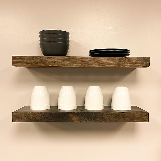 URBANDI, Rustic Floating Shelves, Set of 2, Hidden Bracket, Solid Wood, Heavy Duty, Wall Mounted Shelves, (Dark Brown, 24Wx12D)