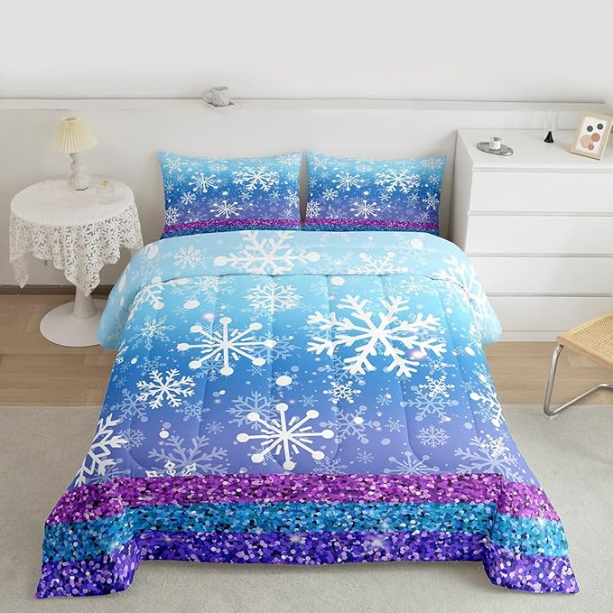 Feelyou Winter Snowflake Comforter Set All Season Glitter Print Bedding Set with 1 Pillow Cases Christmas Microfiber Kids Toddler Bedclothes Holiday New Year Bedroom Decor Duvet Quilt Soft