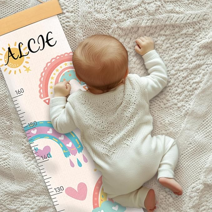 Personalized Name Kids Growth Chart, Watercolor Animal Canvas Baby Height Growth Chart Wall Decor for Baby Kids Toddlers (Rainbows)